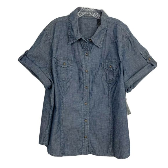 Chambray Denim Button Down Roll Tab Sleeve Top 3X - Picture 1 of 10